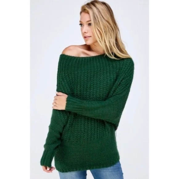 Hunter Green Soft Fuzzy Off The Shoulder Pullover Knit Holiday Casual Sweater - Picture 2 of 6